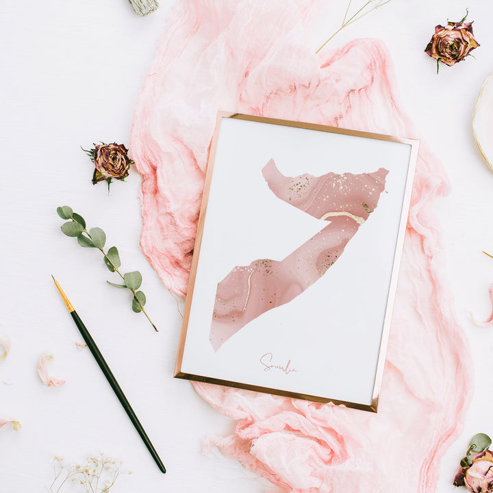 Somalia Map Pink and Gold Wall Art Print