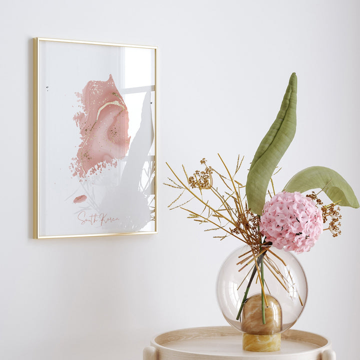 South Korea Map Pink and Gold Wall Art Print