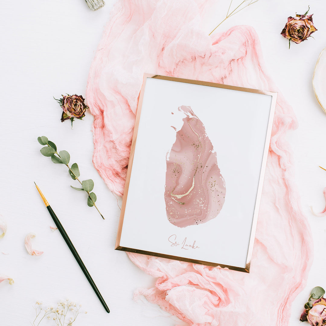 Sri Lanka Map Pink and Gold Wall Art Print