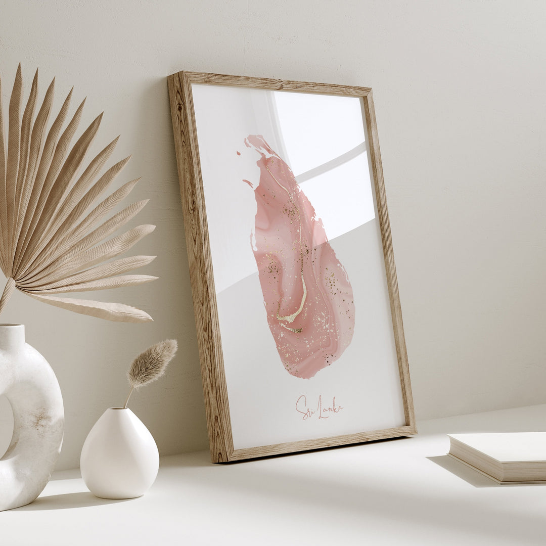 Sri Lanka Map Pink and Gold Wall Art Print