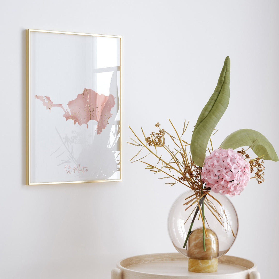 Saint Martin Map Pink and Gold Wall Art Print