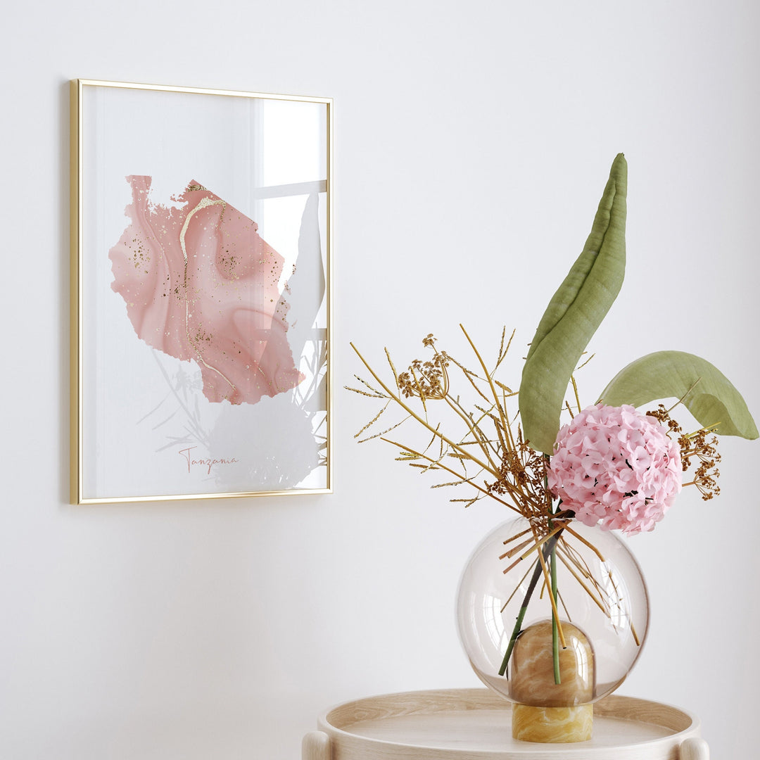 Tanzania Map Pink and Gold Wall Art Print