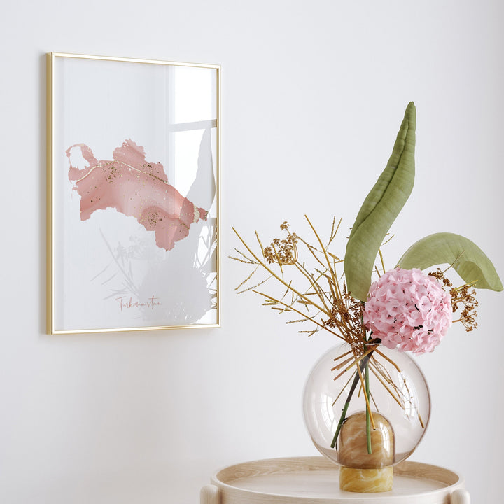 Turkmenistan Map Pink and Gold Wall Art Print