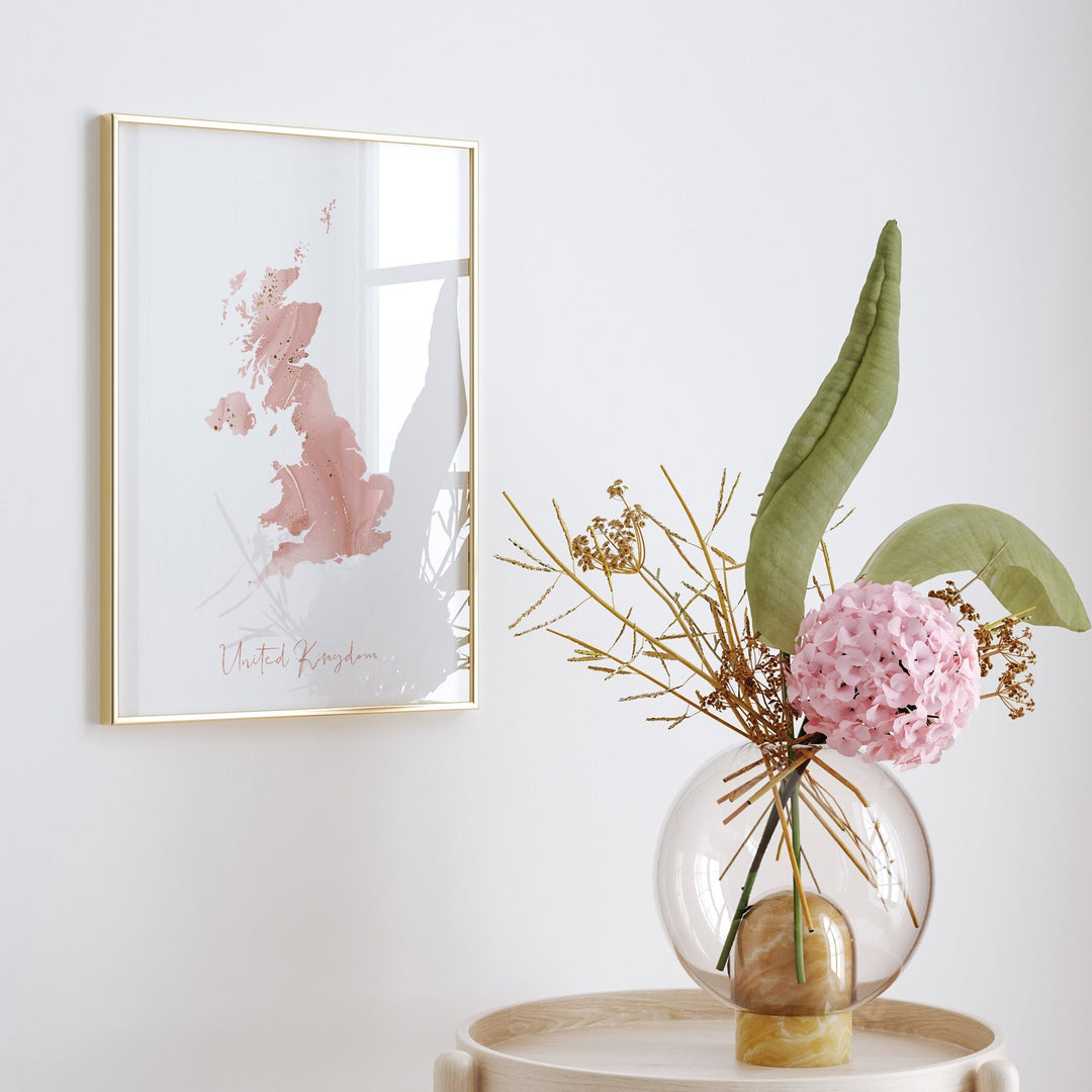 United Kingdom Map Pink and Gold Wall Art Print