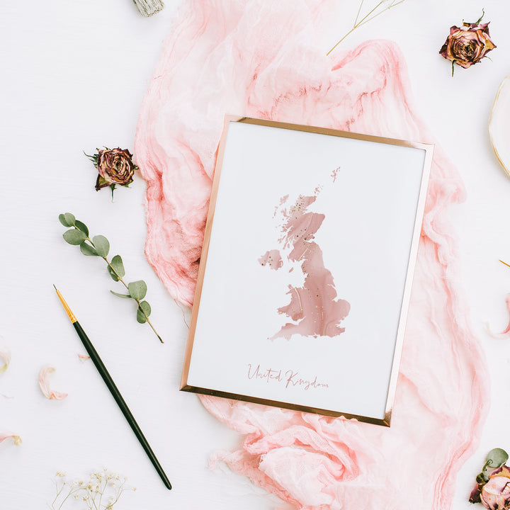 United Kingdom Map Pink and Gold Wall Art Print