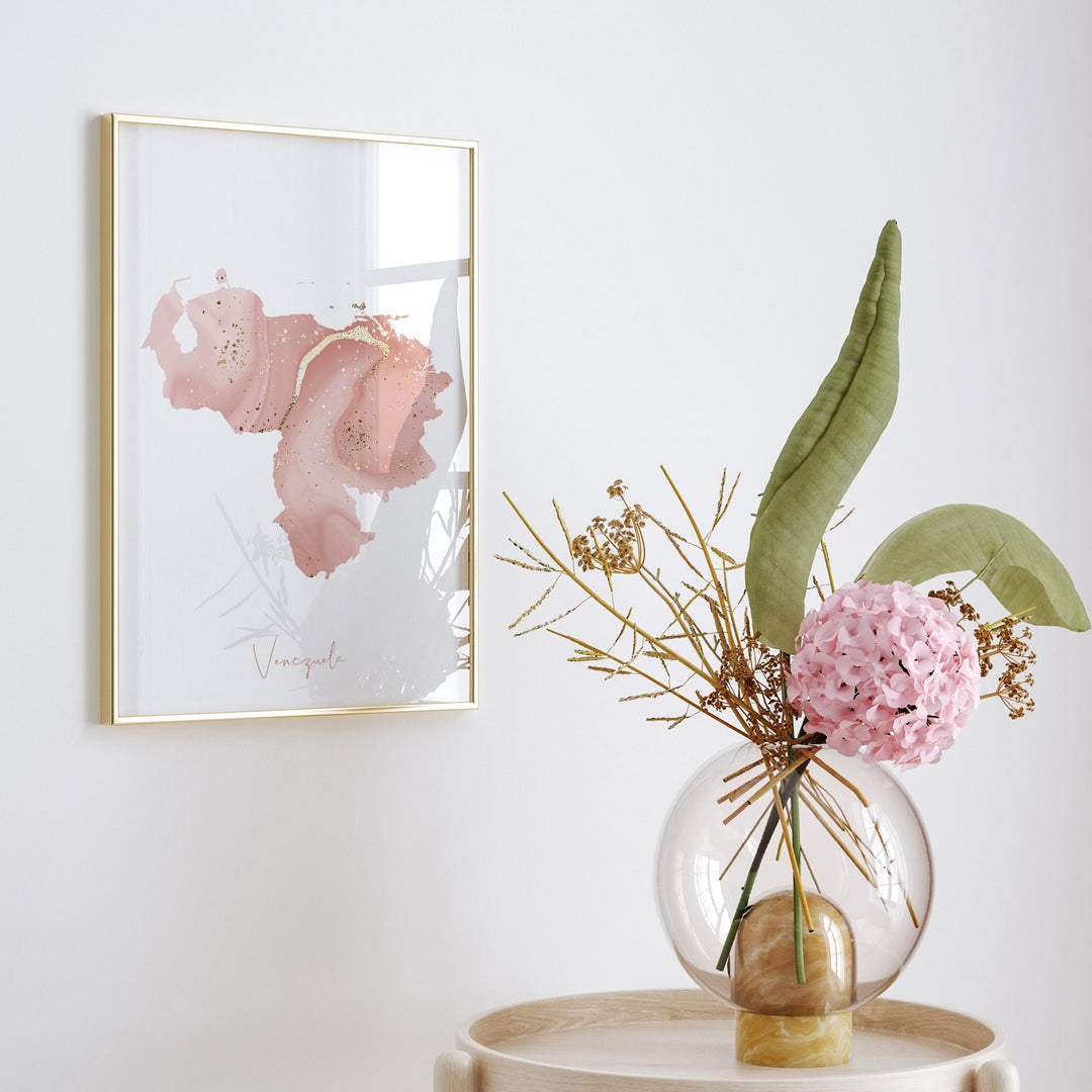 Venezuela Map Pink and Gold Wall Art Print