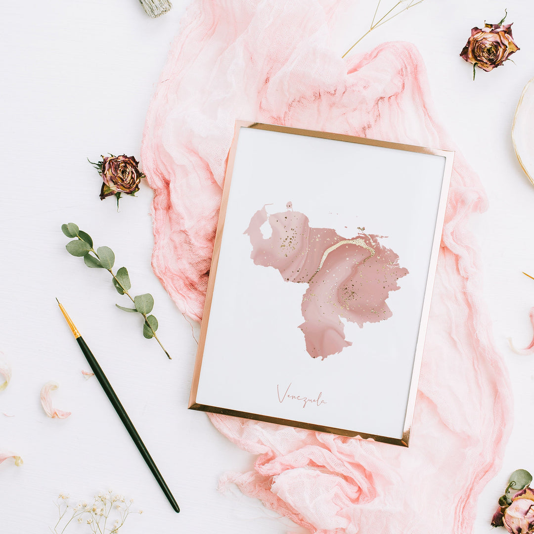 Venezuela Map Pink and Gold Wall Art Print