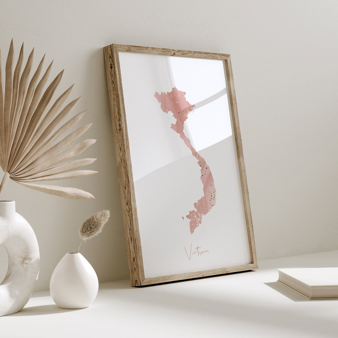 Vietnam Map Pink and Gold Wall Art Print
