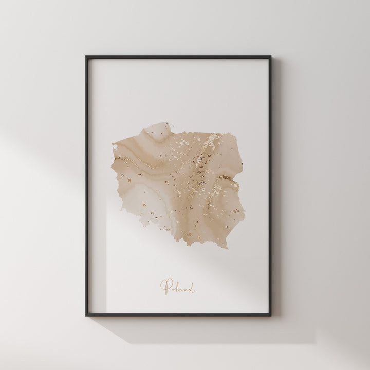 Poland Map Beige & Gold Wall Art Print