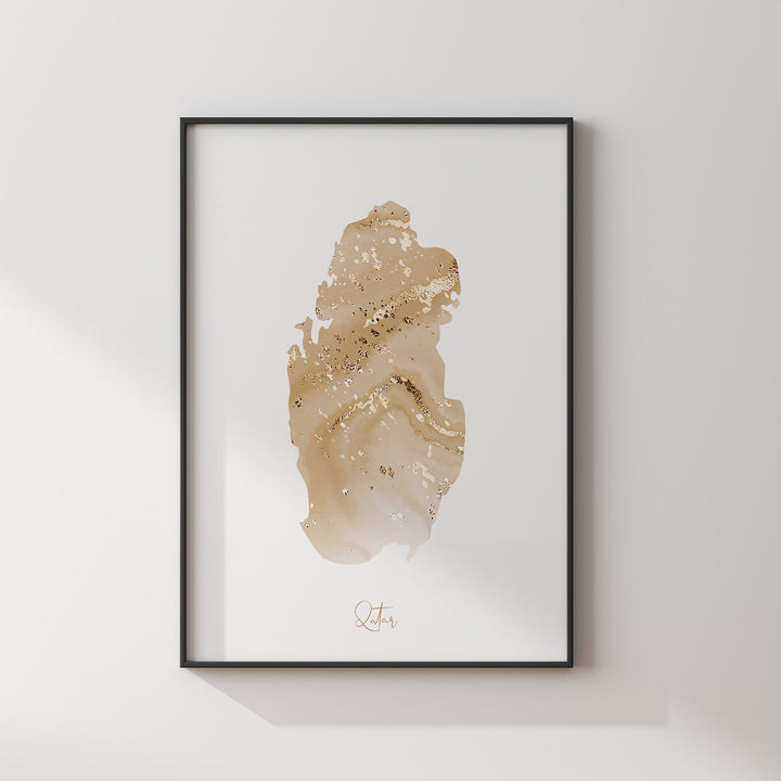Qatar Map Beige & Gold Wall Art Print