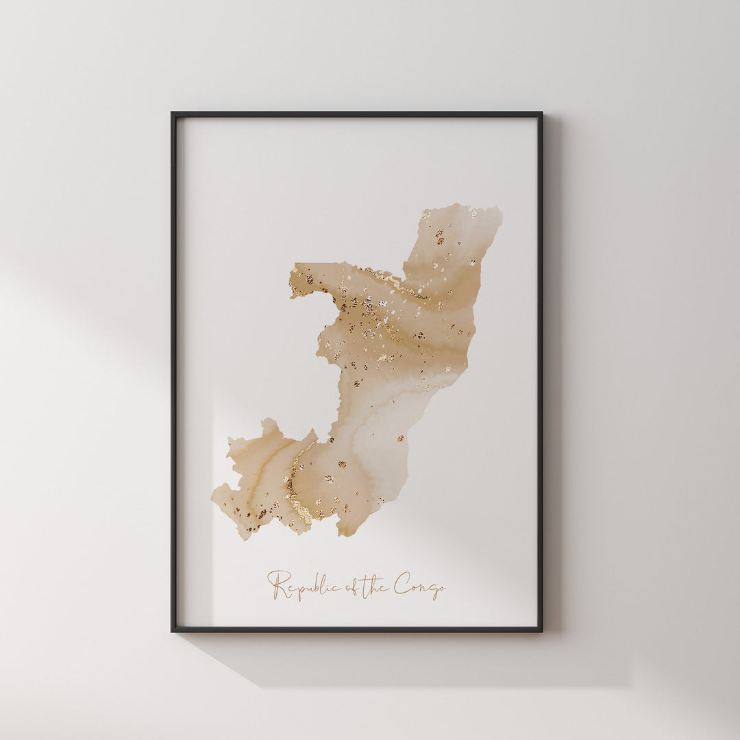 Republic of the Congo Map Beige & Gold Wall Art Print