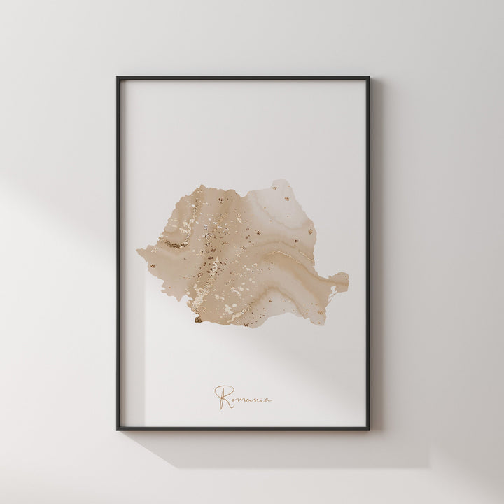 Romania Map Beige & Gold Wall Art Print