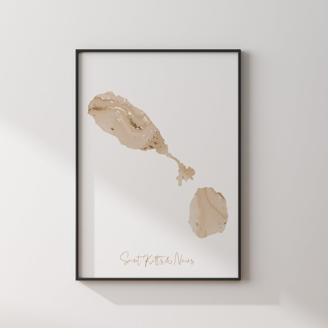 Saint Kitts & Nevis Map Beige and Gold Wall Art Print