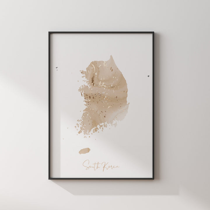 South Korea Map Beige and Gold Wall Art Print