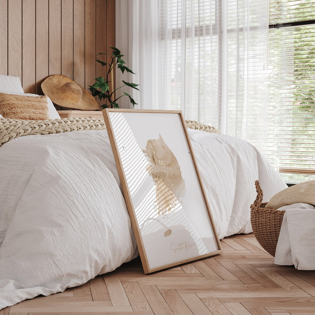 South Korea Map Beige and Gold Wall Art Print