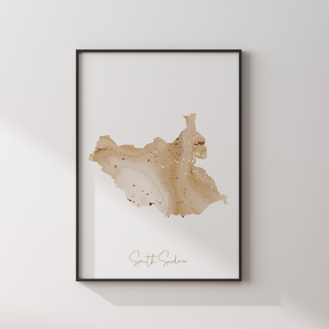 South Sudan Map Beige and Gold Wall Art Print