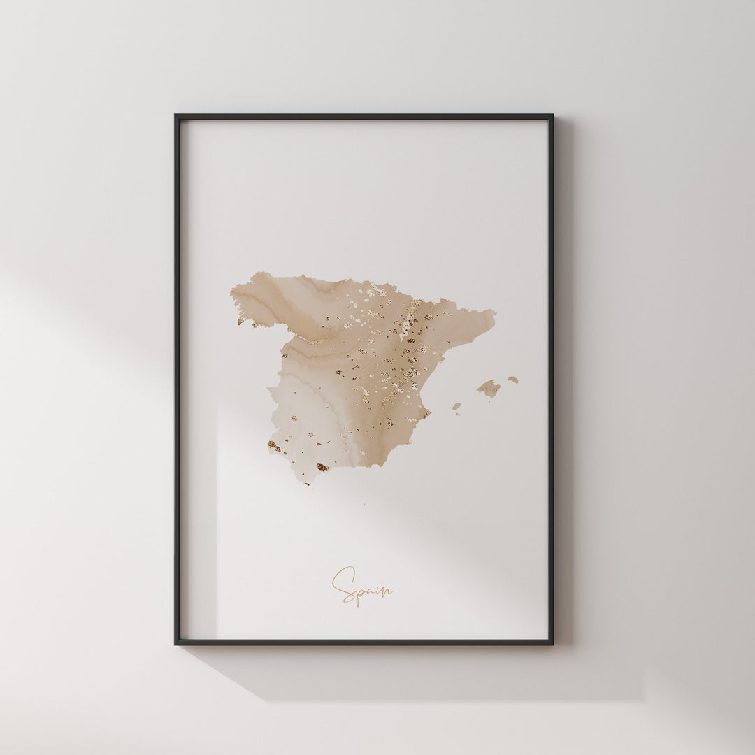 Spain Map Beige and Gold Wall Art Print