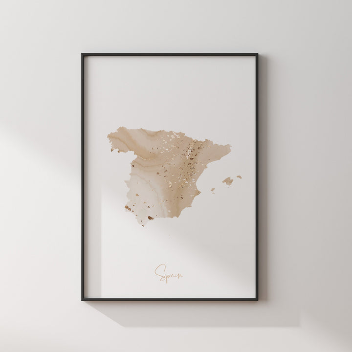 Spain Map Beige and Gold Wall Art Print