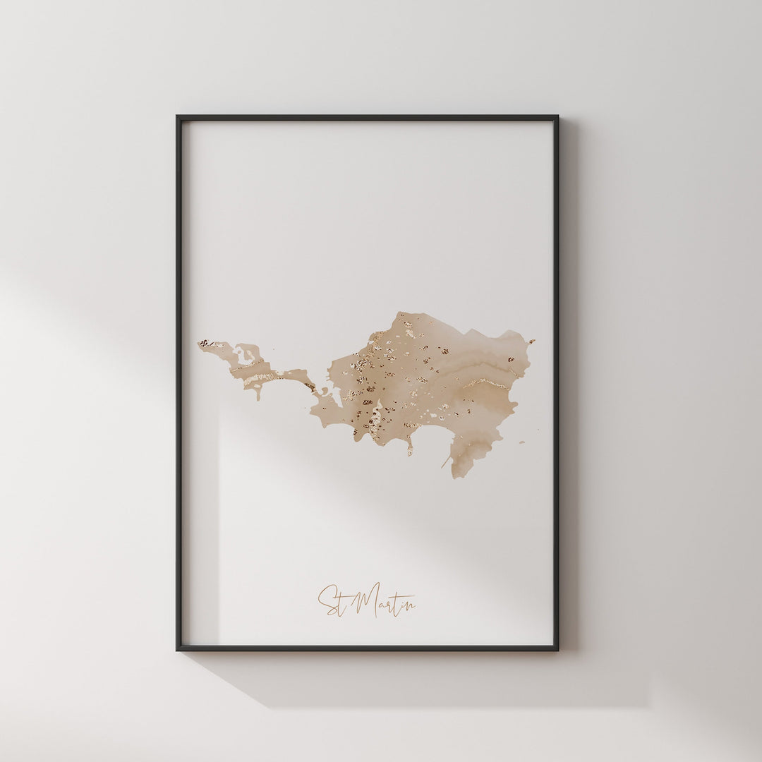 Saint Martin Map Beige and Gold Wall Art Print