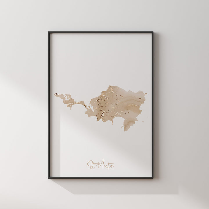 Saint Martin Map Beige and Gold Wall Art Print