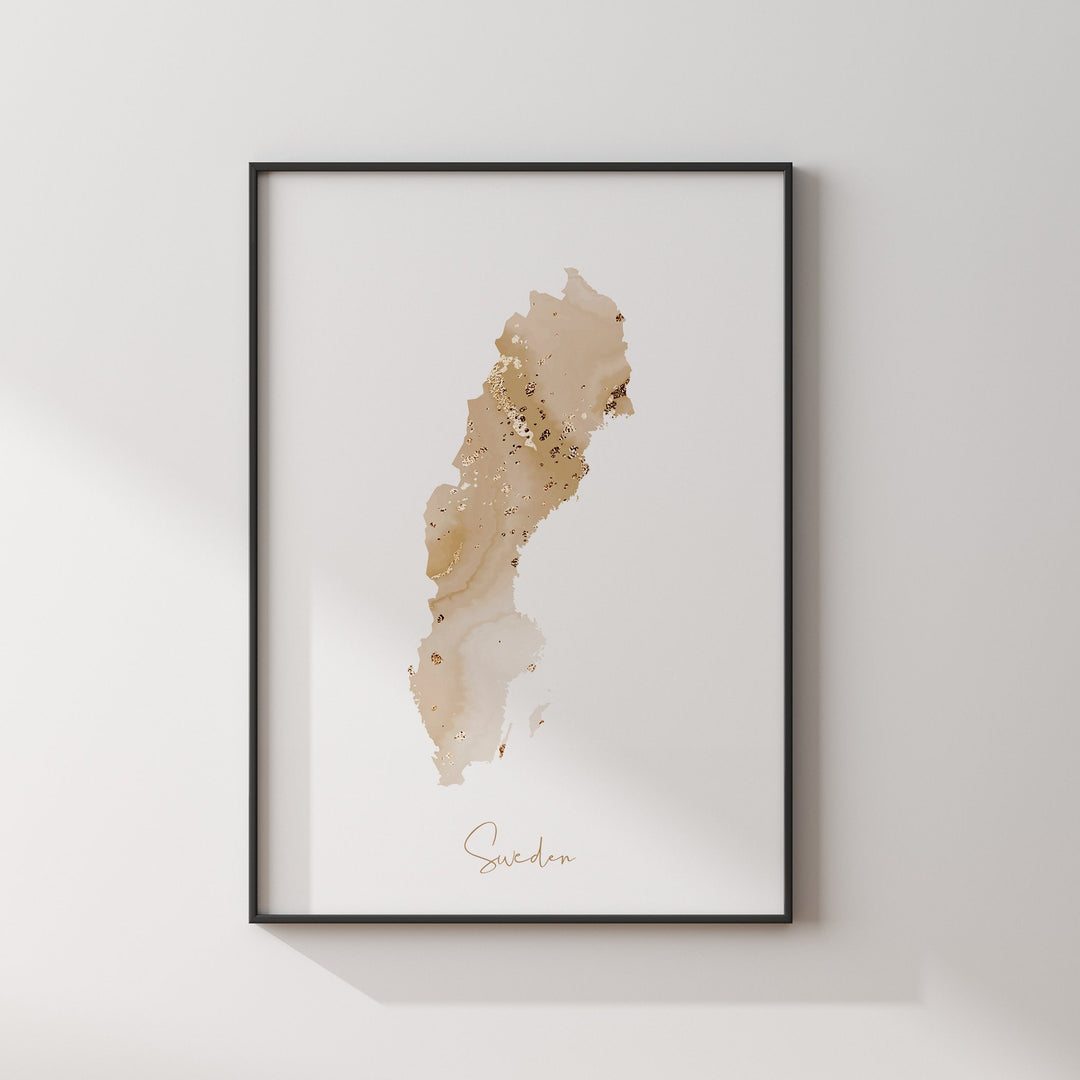 Sweden Map Beige and Gold Wall Art Print