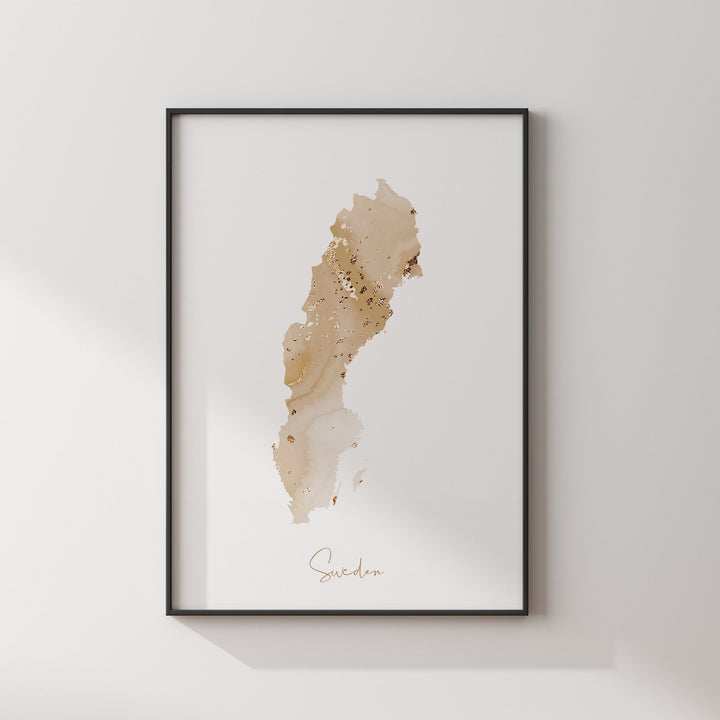 Sweden Map Beige and Gold Wall Art Print
