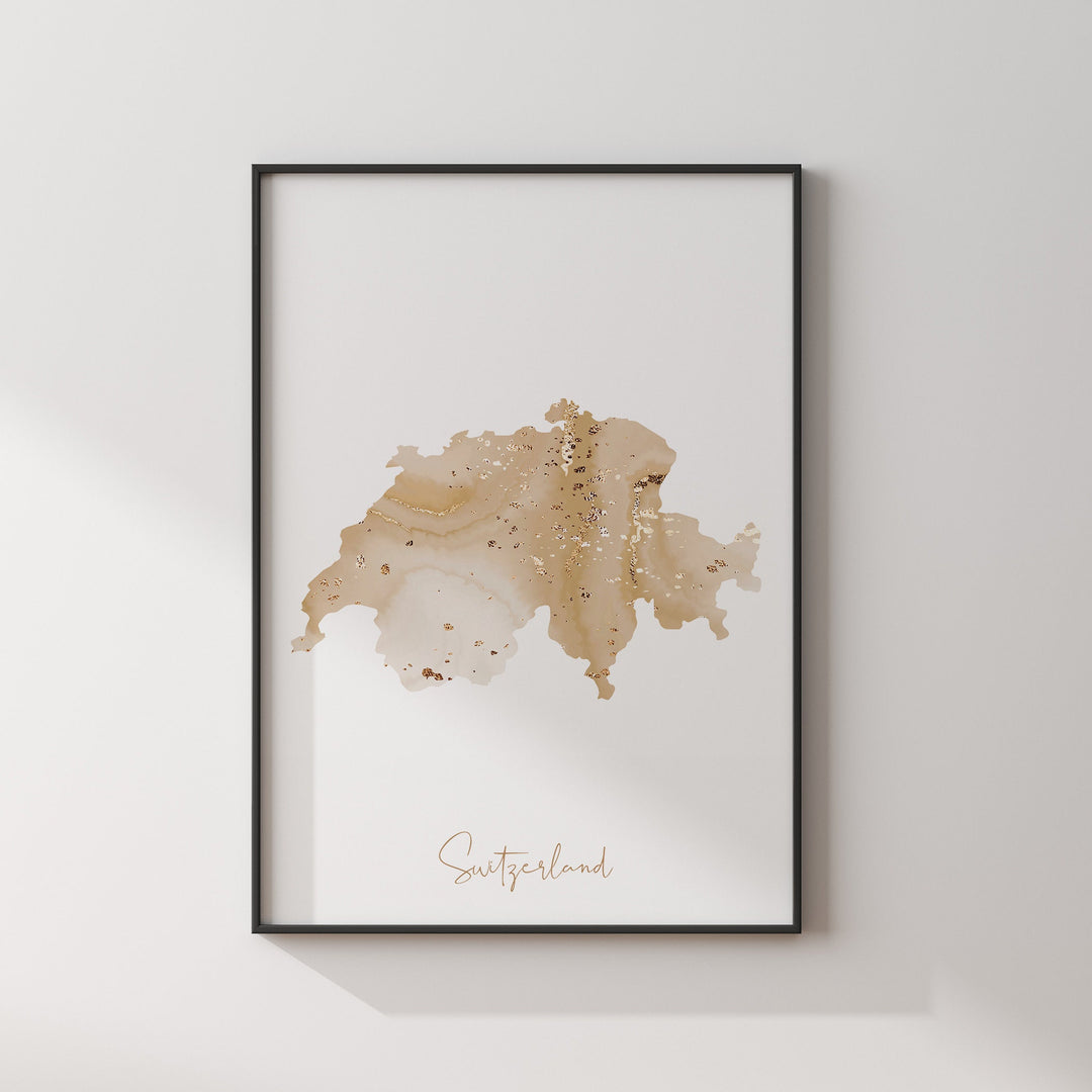 Switzerland Map Beige and Gold Wall Art Print