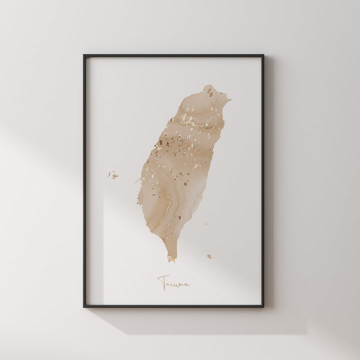 Taiwan Map Beige and Gold Wall Art Print