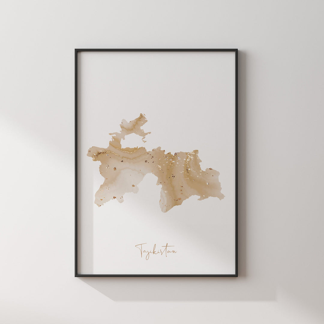 Tajikistan Map Beige and Gold Wall Art Print