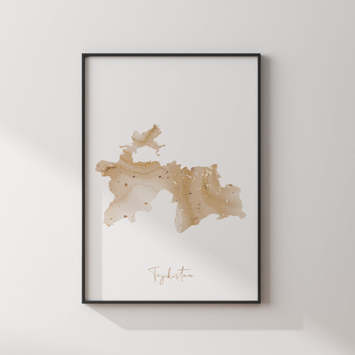 Tajikistan Map Beige and Gold Wall Art Print