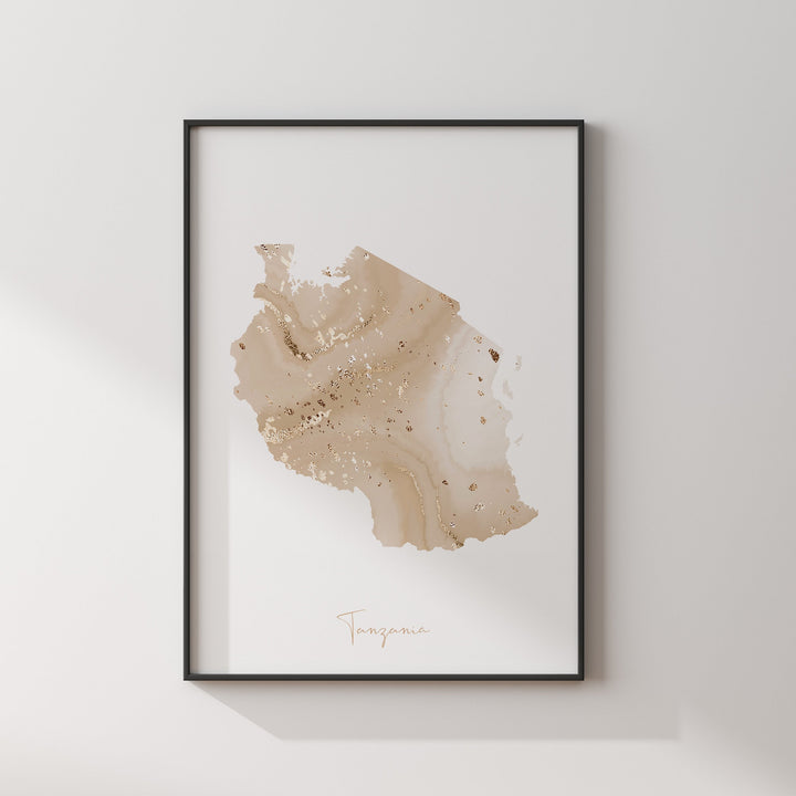 Tanzania Map Beige and Gold Wall Art Print