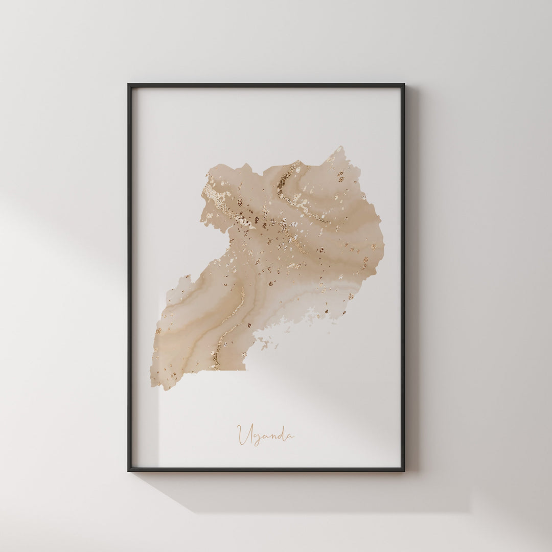 Uganda Map Beige and Gold Wall Art Print