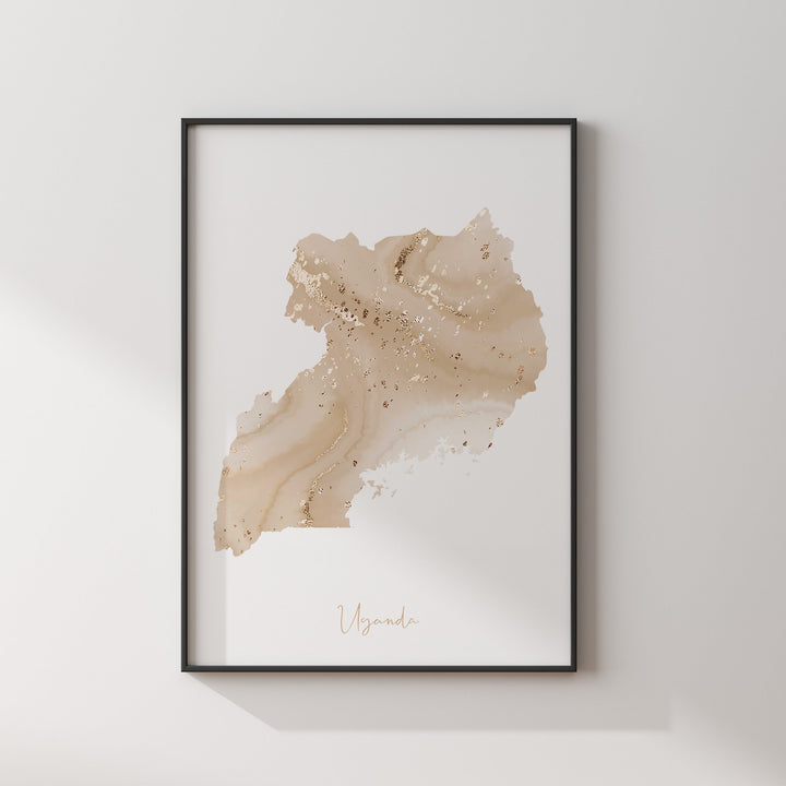 Uganda Map Beige and Gold Wall Art Print