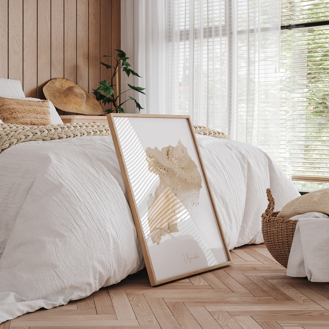 Uganda Map Beige and Gold Wall Art Print