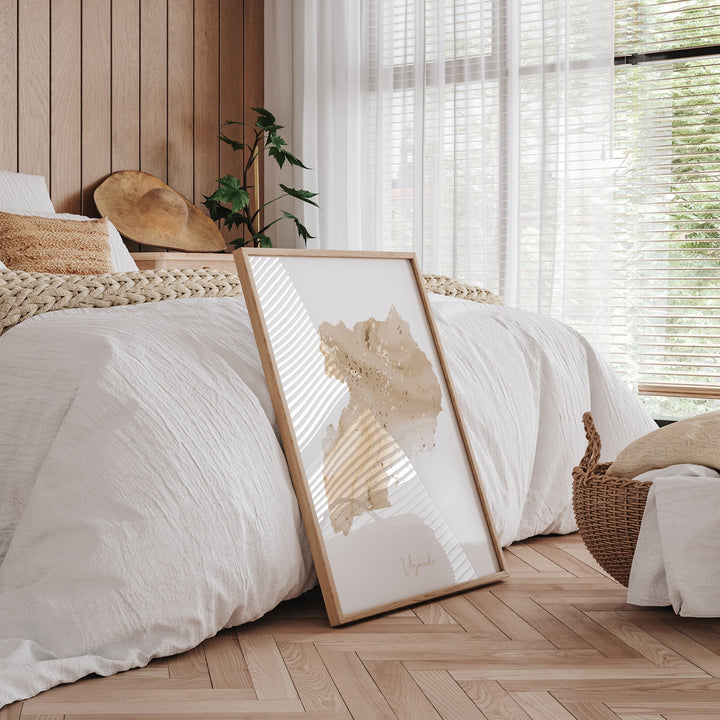 Uganda Map Beige and Gold Wall Art Print