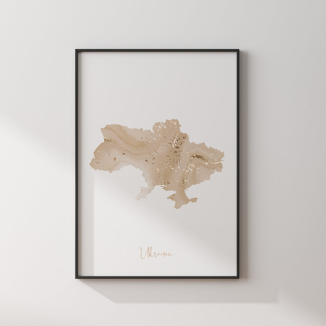 Ukraine Map Beige and Gold Wall Art Print