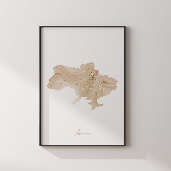 Ukraine Map Beige and Gold Wall Art Print