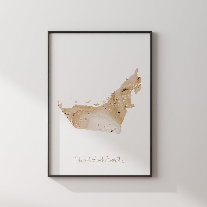 United Arab Emirates Map Beige and Gold Wall Art Print