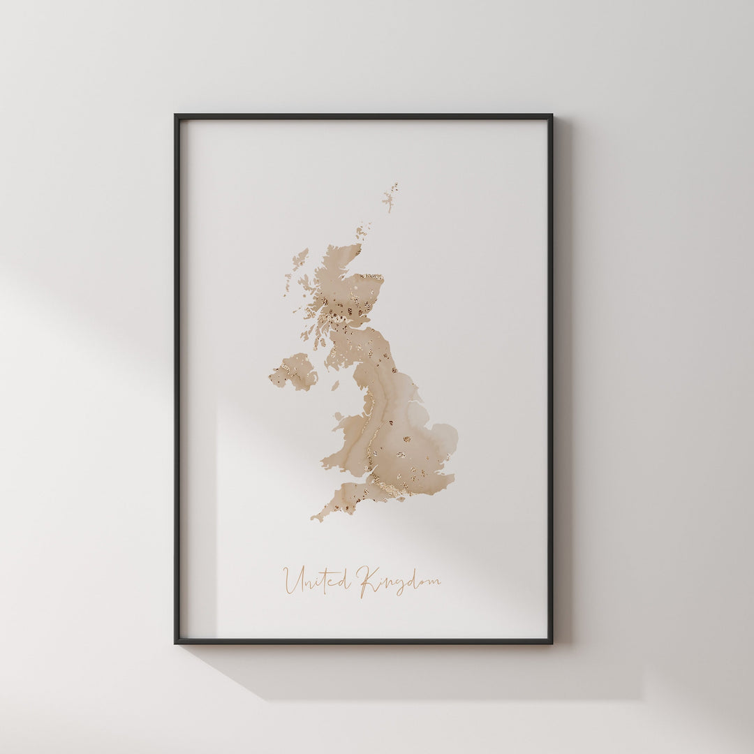 United Kingdom Map Beige and Gold Wall Art Print