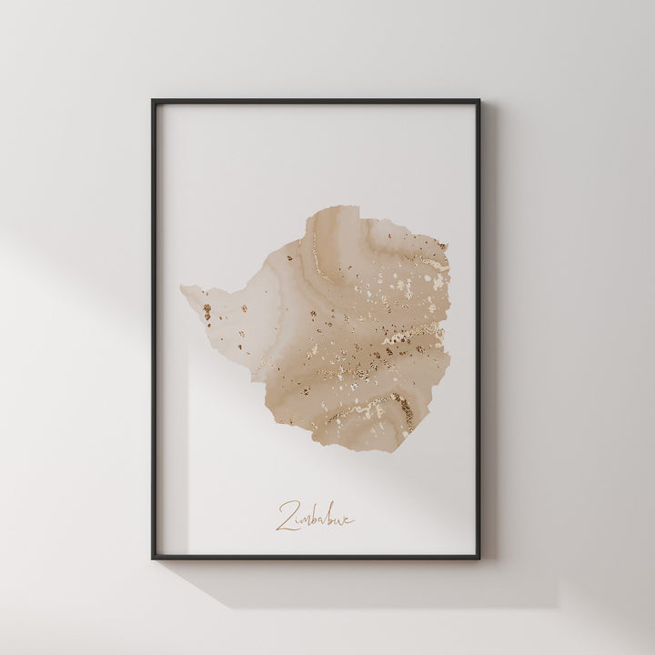 Zimbabwe Map Beige and Gold Wall Art Print