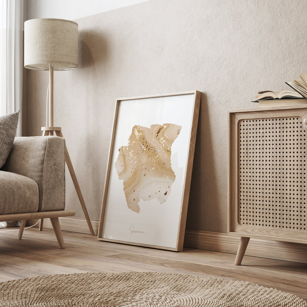 Suriname Map Beige and Gold Wall Art Print