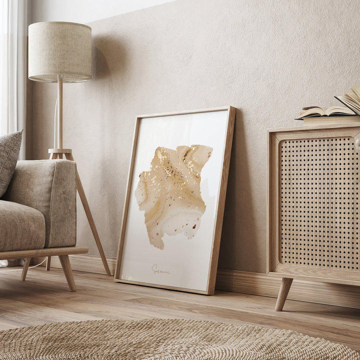 Suriname Map Beige and Gold Wall Art Print
