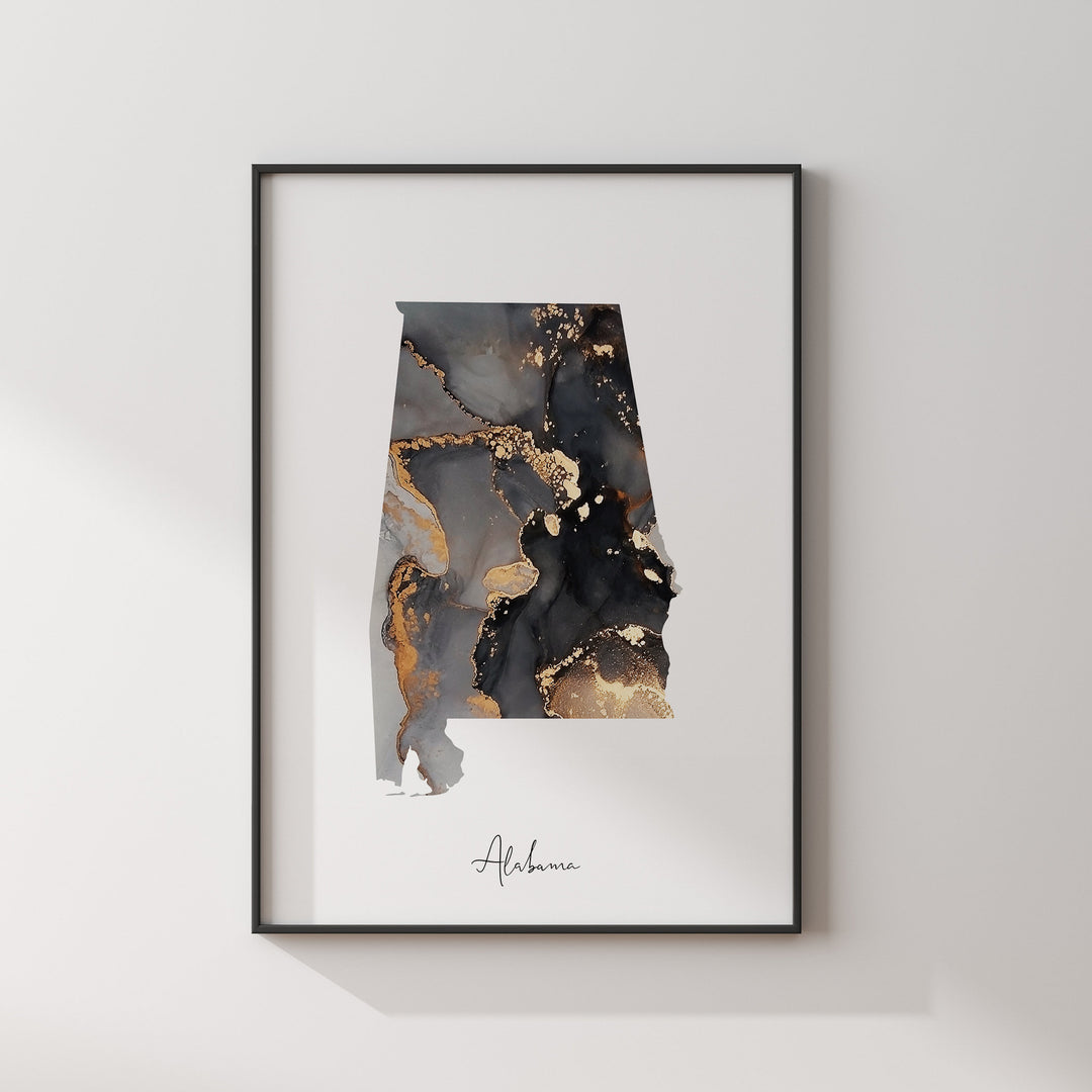 Alabama Map Black & Gold Wall Art Print US State