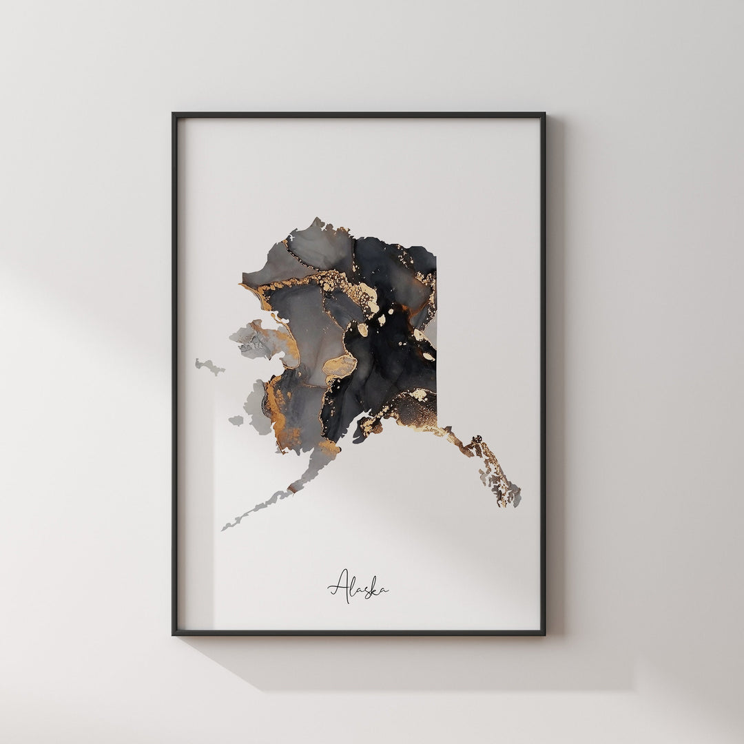 Alaska Map Black & Gold Wall Art Print US State
