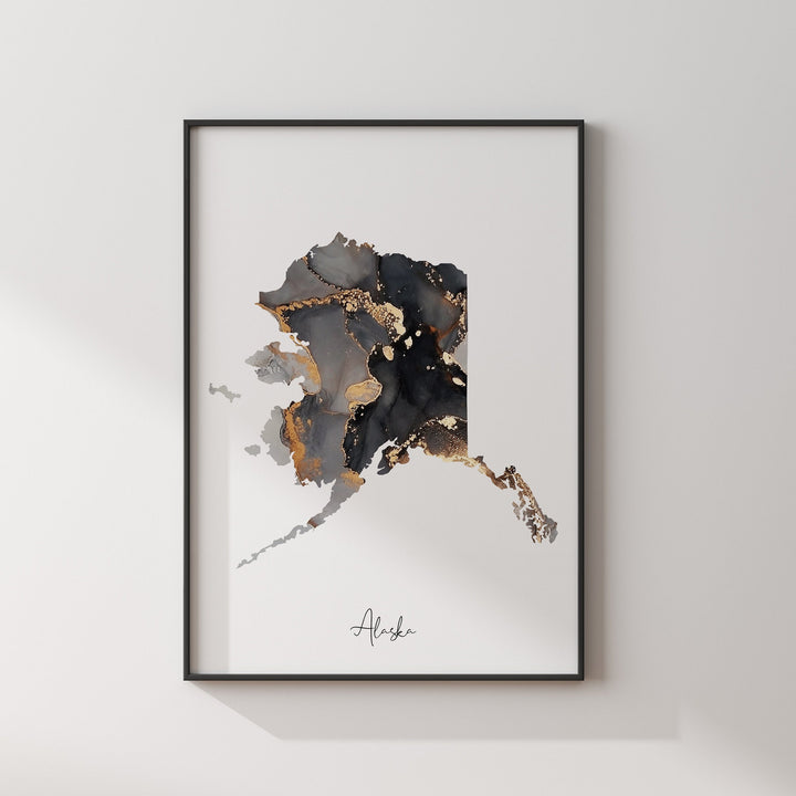 Alaska Map Black & Gold Wall Art Print US State