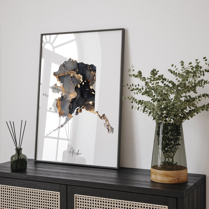 Alaska Map Black & Gold Wall Art Print US State