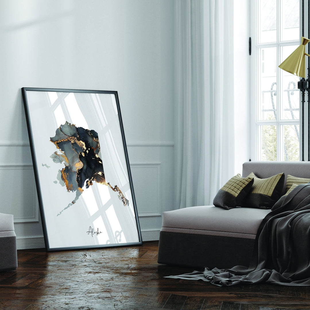 Alaska Map Black & Gold Wall Art Print US State