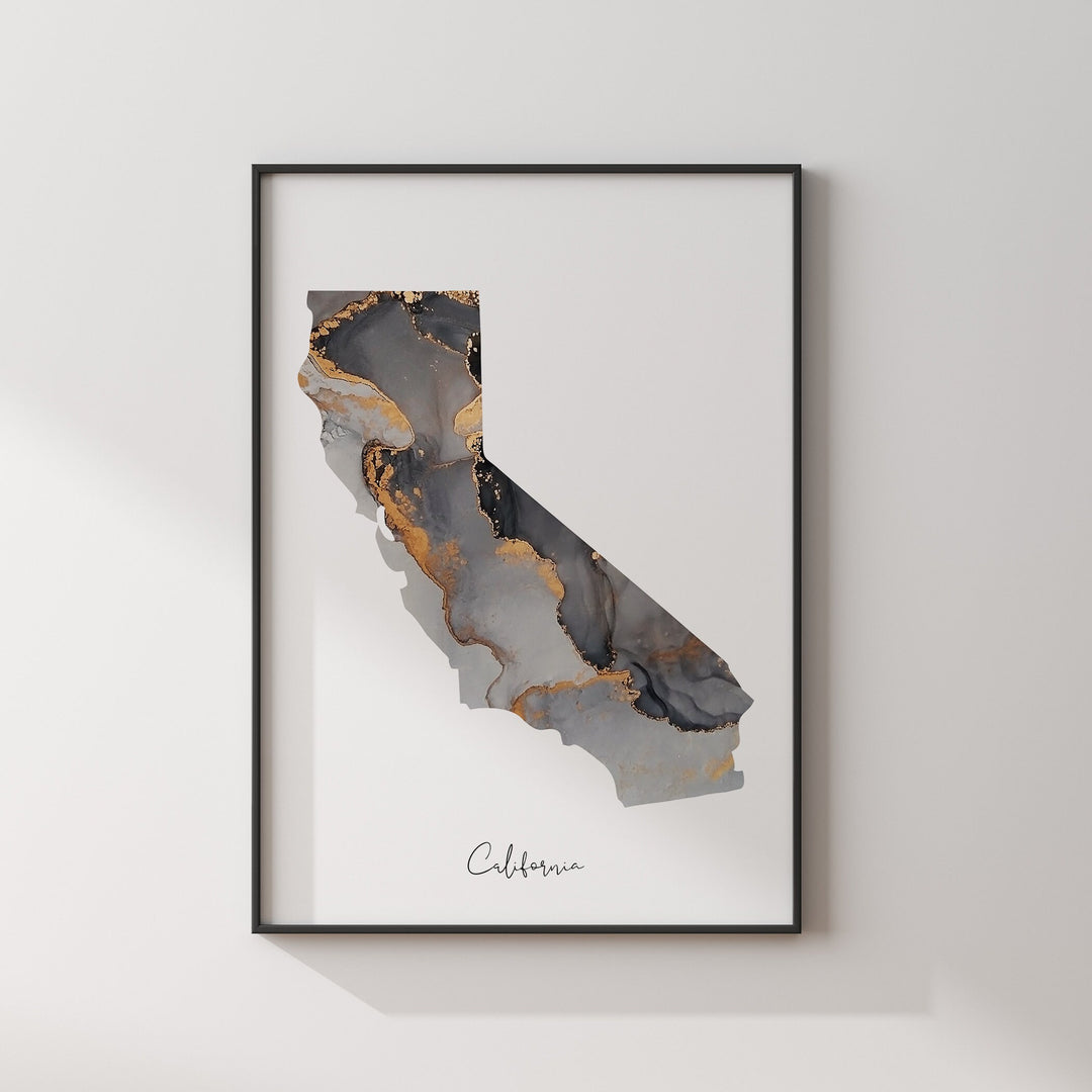 California Map Black & Gold Wall Art Print US State
