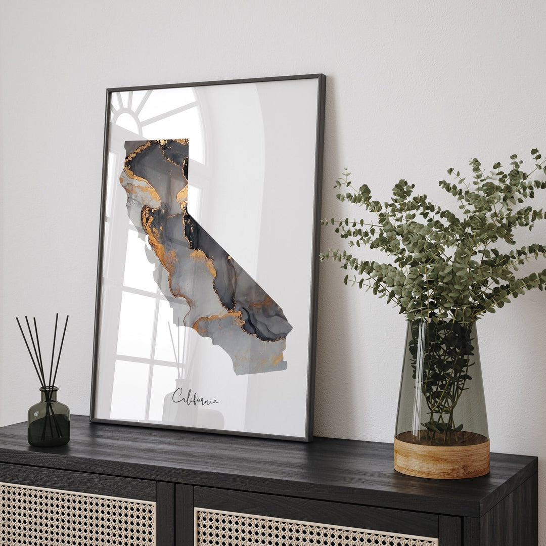 California Map Black & Gold Wall Art Print US State