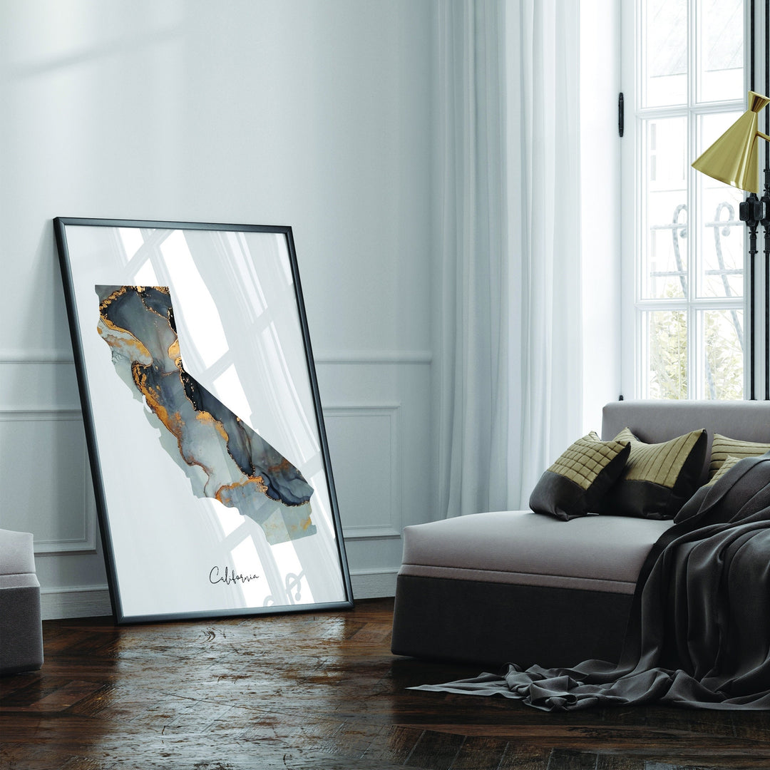 California Map Black & Gold Wall Art Print US State